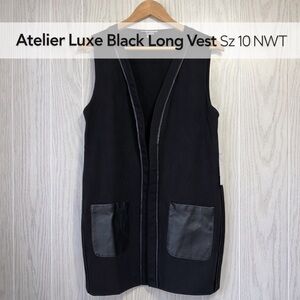 Atelier Luxe Boutique Black Faux Leather Trim Long Vest Size 10 NWT